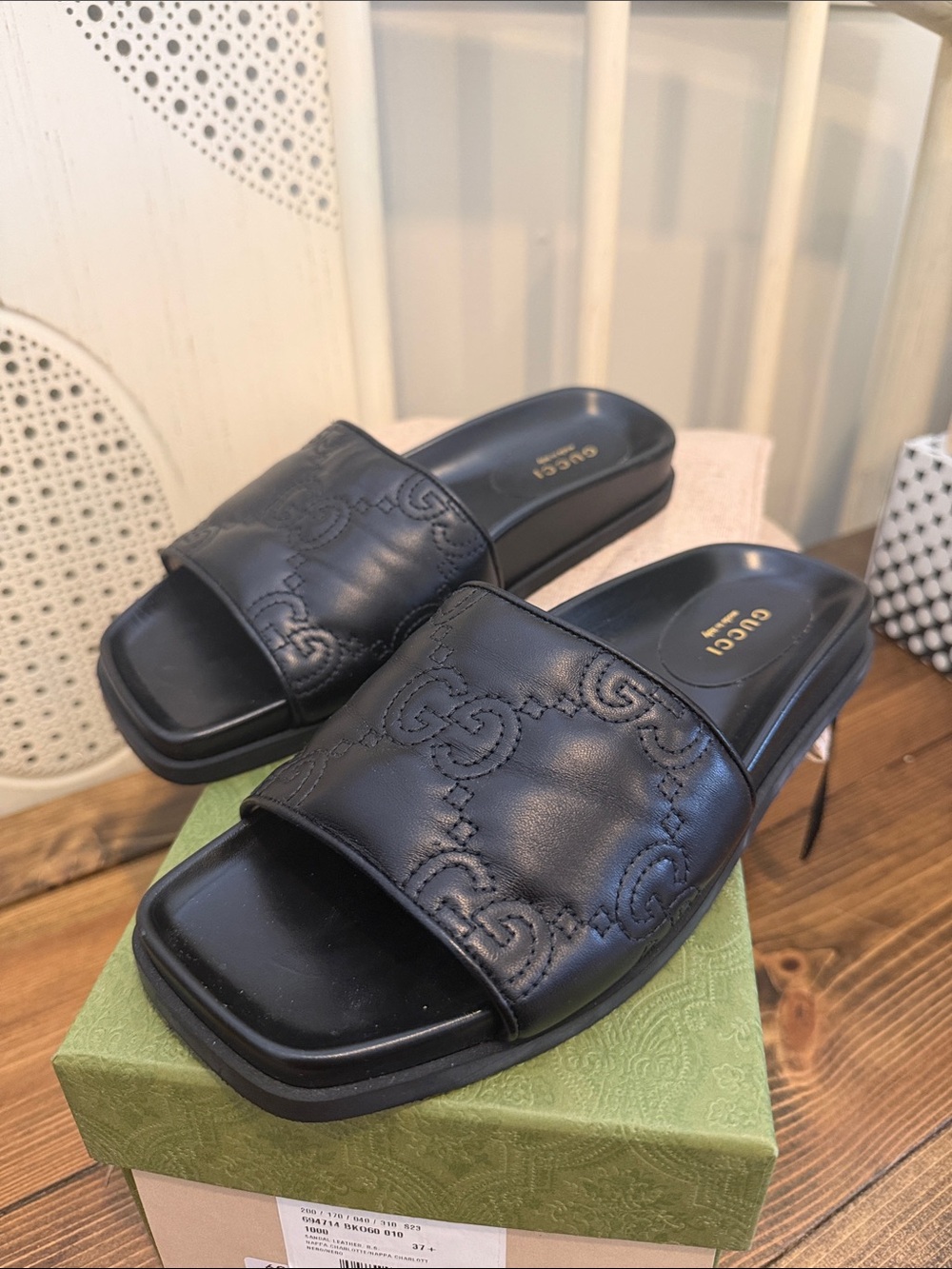 Gucci Black Leather GG-Embossed Slide Sandals 37.5